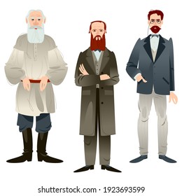 History of Russia. Famous Russian writers. Leo Tolstoy, Fyodor Dostoevsky, Anton Chekhov. Vector illustration

