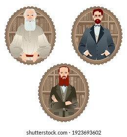 History of Russia. Famous Russian writers. Leo Tolstoy, Fyodor Dostoevsky, Anton Chekhov. Vector illustration