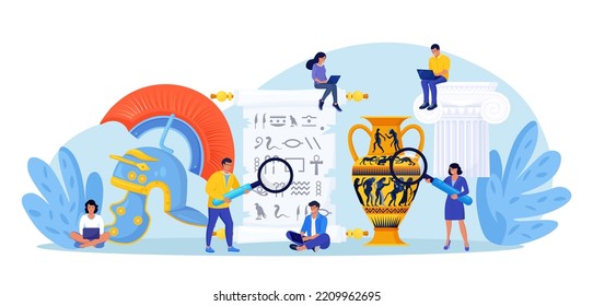 History school subject. Archeology. Students learning world history, greek and roman culture. People research ancient writing,piece of art, architecture. Studying of past. Science and education svg