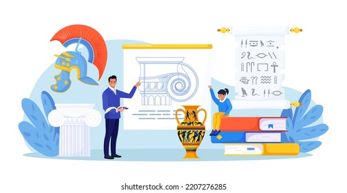 History school subject. Pupil learning world history, greek and roman culture. Education and science concept. Teacher pointing at chalkboard, teaching student with ancient architectural details