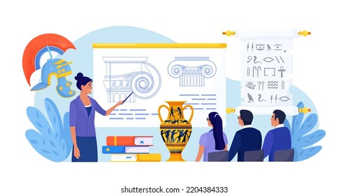 History school subject. Pupils learning world history, greek and roman culture. Education and science concept. Teacher pointing at chalkboard, teaching students with ancient architectural details