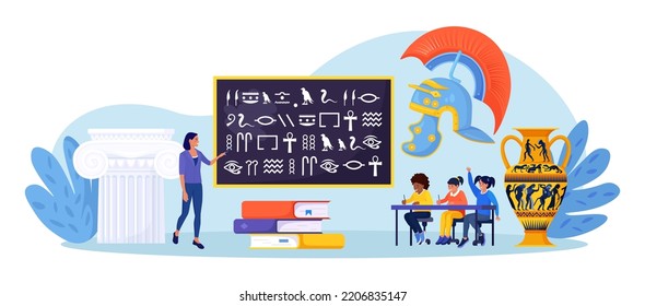 History School Subject. Pupils Learning World History, Greek And Roman Culture. Education And Science Concept. Teacher Pointing At Chalkboard, Teaching Students With Ancient Language, Alphabet