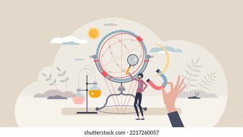 History of science with ancient scientific development tiny person concept. Old time scientific observations and nature understanding using complex research and learning tools vector illustration.