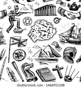 History seamless pattern in vintage style. Education, religion and old ancient symbols. School subject. Background for print or web site. Hand drawn engraved doodle sketch.