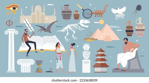 History set with ancient elements and culture symbols tiny person collection. Isolated items from classic egyptian time or prehistoric dinosaur fossils vector illustration. Old civilization literature