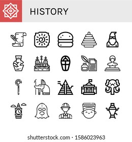 history simple icons set. Contains such icons as Philosophy, Parchment, Cave painting, Bola de berlim, Pyramid, Executioner, Amphora, Pirate ship, can be used for web, mobile and logo