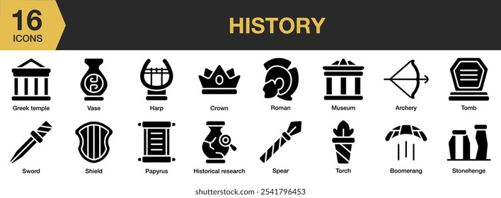 History solid icon set. Includes vase, torch, tomb, sword, spear, roman, papyrus, and More. Solid icons vector collection.