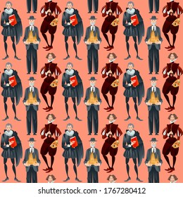 History Of Spain. Famous People. Architect Antoni Gaudí, Painter Diego Velázquez, Writer Miguel De Cervantes. Seamless Background Pattern. Vector Illustration