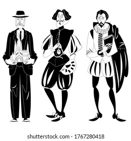 History Of Spain. Famous People. Architect Antoni Gaudí, Painter Diego Velázquez, Writer Miguel De Cervantes. Black And White. Vector Illustration. 