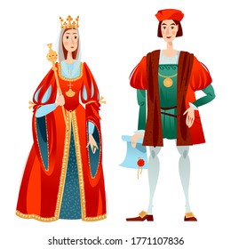 History of Spain. Famous people. Isabella I of Castile and Christopher Columbus. Vector illustration. 

