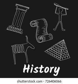  history subjects,  hand drawn vector illustration, doodle school icons, images and objects, isolated on blackboard 