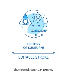 History of sunburns concept icon. Ultraviolet radiation burn. Severe skin disorders. Sunburned skin idea thin line illustration. Vector isolated outline RGB color drawing. Editable stroke