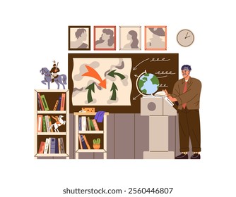 History teacher explains class, course at tribune at lesson. Man teaches with map in school. Historian tells near blackboard in classroom. Flat isolated vector illustration on white background