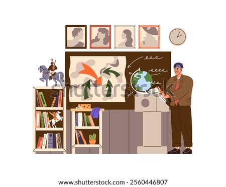 History teacher explains class, course at tribune at lesson. Man teaches with map in school. Historian tells near blackboard in classroom. Flat isolated vector illustration on white background