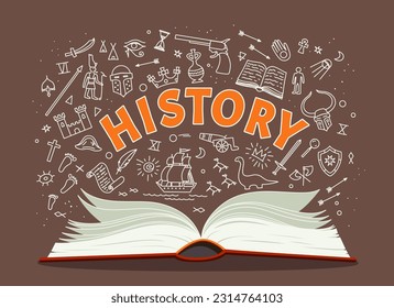 Libro de historia, libro escolar y símbolos de garabatos en pizarra, antecedentes de educación vectorial. Estudio de historia libro de copias abierto con tiza doodle monumentos históricos y antiguos del mundo para las clases escolares