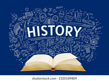 History textbook, school education book background and chalkboard, vector historic chalk sketch. History classes open copybook with chalk doodle historical art study and ancient world landmarks