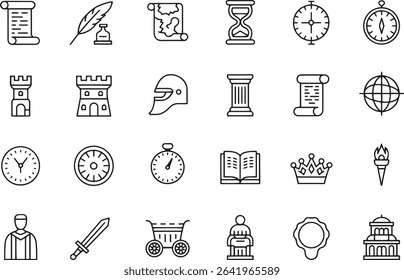 History Thin Line Icons Set. Ancient, Timeline, Civilization, Historical Events. Editable Stroke. Vector Illustration	