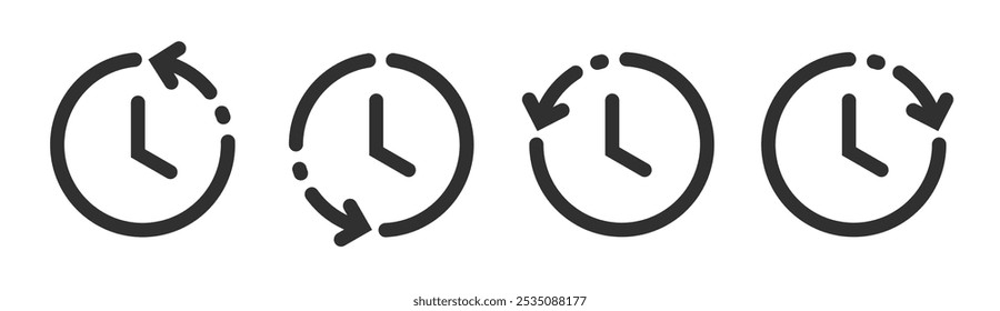 History time back clock icon vector simple graphic ui element illustration set, backup version backward symbol pictogram line stroke thin linear, recent memory reverse watch image clip art 