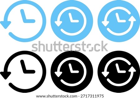 history and time lapse icon set, flat vector clock and rotation arrow symbols in different styles
