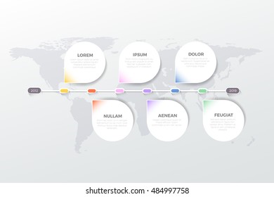 History timeline round bubbles on monocolor world map background vector template. Infographics background concept. 