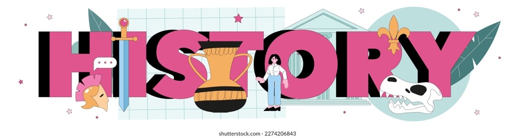 History typographic header. History school class. Studying of the past and ancient civilization culture. Research and education. Flat vector illustration