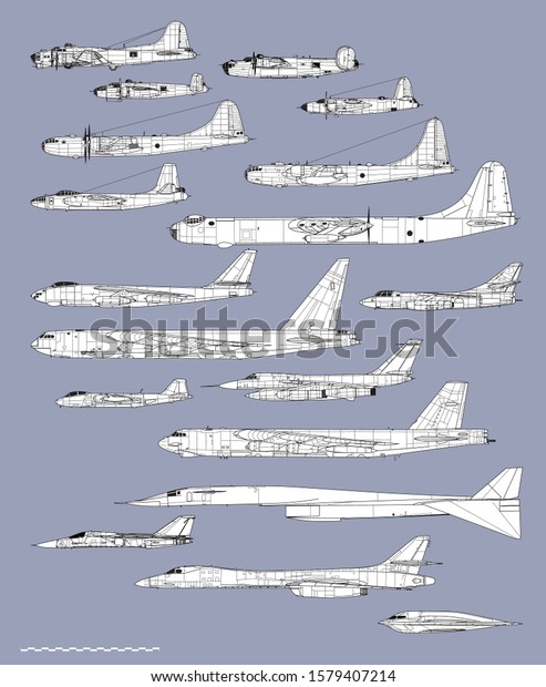 History of US bombers. Outline vector\
drawing. Image for illustration or\
infographics.