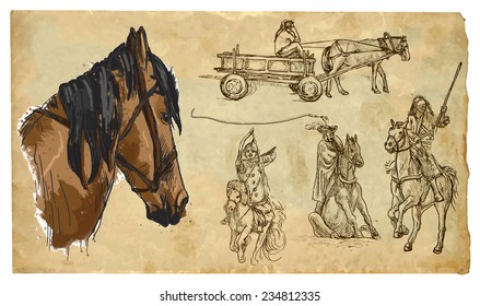 History and use of HORSES. Collection of an hand drawn illustrations (originals, no tracing). Drawings are editable in layers and groups. The color layers are separated.