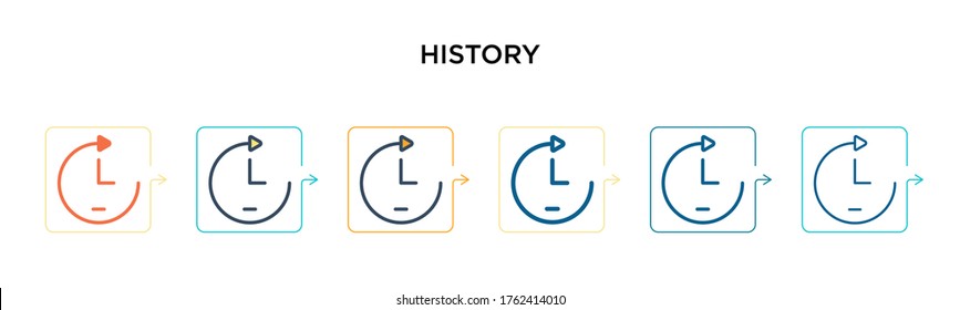 History vector icon in 6 different modern styles. Black, two colored history icons designed in filled, outline, line and stroke style. Vector illustration can be used for web, mobile, ui