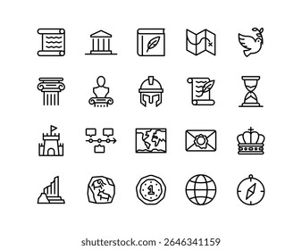 History Vector Icon Set | Adjustable Line Weight | Museum, scroll, ancient, archaeology, timeline, empire, monument, artifact, heritage, civilization, medieval, exploration, historical culture icons
