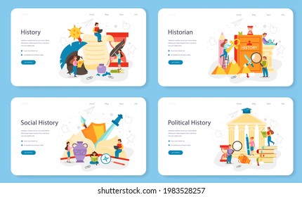 History web banner or landing page set. History school subject. Idea of science and education. Knowledge of past and ancient times. Isolated vector illustration in flat style