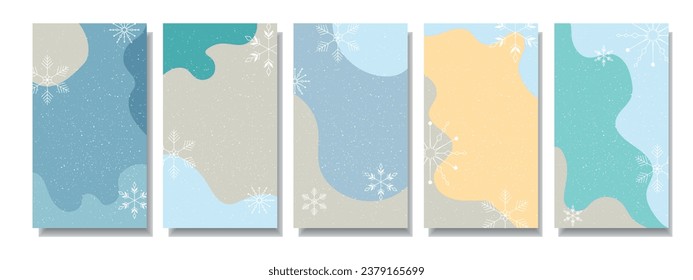 Historia de copos de nieve de invierno y postdiseño. Volantes de invierno con formas abstractas. Colores azules y copos blancos, fondo de medios sociales, colección de portadas. Vector.