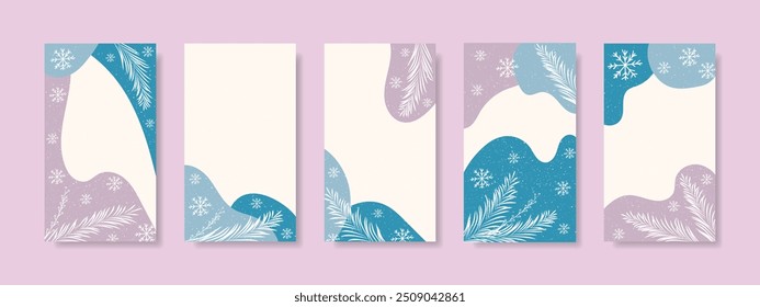 História de flocos de neve de inverno e pós-design. Panfletos de inverno com formas abstratas e neve. Fundo de mídia social de inverno, coleção de capa. Vetor.