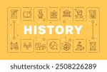 History yellow word concept. School subject. Archeology. Ancient times. Academic discipline. Horizontal vector image. Headline text surrounded by editable outline icons