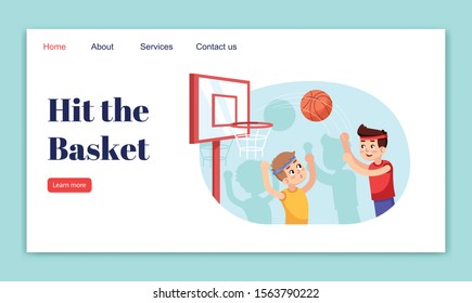 Hit the basket landing page vector template. Sports section for children website interface idea with flat illustrations. Basketball kids contest homepage layout. Web banner, webpage cartoon concept