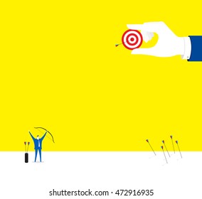 Hit! / A business man is shooting the last arrow and hitting the aims.