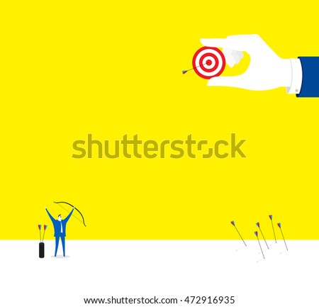 Hit! / A business man is shooting the last arrow and hitting the aims.