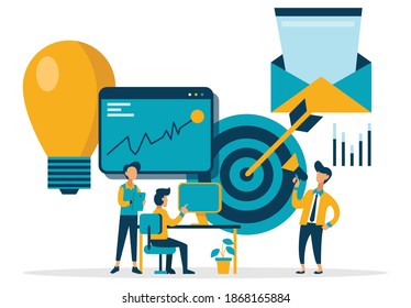 Hit business targets. Stock market analysis. Businesspeople with arrow, growing graph and target. Achievement goals with strategy and focus on graph data and analysis. Tiny people illustration. Vector