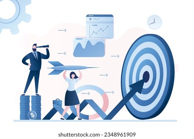 Hit-Business-Ziele. Analyse der Aktienmärkte. Geschäftsleute mit Dart, wachsender Grafik und Ziel. Erreichen der Ziele mit Strategie und Fokus auf Graphendaten und Analyse. Gewinn- und Ertragsprognose. Vektorgrafik