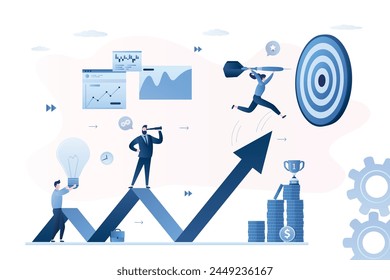 Erreichen Sie Ihre Geschäftsziele. Börsenanalyse. Erfolgreiche Teamarbeit. Business-Menschen mit Pfeil, wachsende Grafik. Erreichungsziele mit Strategie, Fokus auf Graphendaten und -analyse. Gewinn, Umsatzprognose.