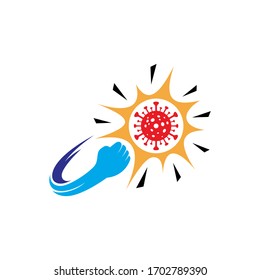 Hit corona virus vector illustration, Destroy covid-19, Hand punch the virus, Logo template ready for campaign