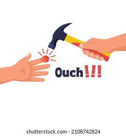 Hit finger hammer. Vector illustration flat design. Isolated on white background. Big red swollen finger. Bruised Nail. Dangerous job.