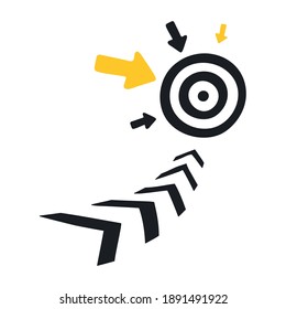 Hit the goal, achievement of the goal, arrows aimed at the target. Flat line vector illustration on white