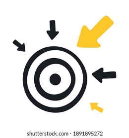 Hit the goal, achievement of the goal, arrows aimed at the target. Flat line vector illustration on white