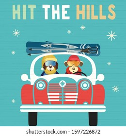 Hit hills fun flat vector poster. Comic dogs skiers, retro car cute cartoon. Winter nature outdoor skiing sport activity invitation template background illustration. Snow leisure treat design element