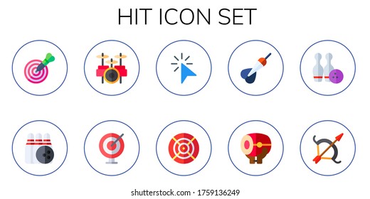 conjunto de iconos. 10 iconos de golpe plano.  Iconos modernos sencillos como: dardos, bolos, tambores, dardos, clic, tiro con arco