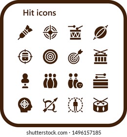 hit icon set. 16 filled hit icons.  Simple modern icons about  - Dart, Target, Drum, Punching bag, Dartboard, Bowling, Archery