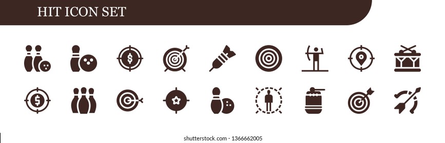 hit icon set. 18 filled hit icons.  Simple modern icons about  - Bowling, Target, Dart, Dartboard, Archery, Drum