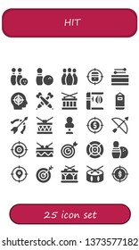hit icon set. 25 filled hit icons.  Simple modern icons about  - Bowling, Target, Drum, Darts, Punching bag, Archery, Dart
