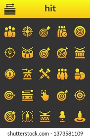 hit icon set. 26 filled hit icons.  Collection Of - Bowling pins, Drum, Target, Bowling, Dartboard, Darts, Touch, Punching bag