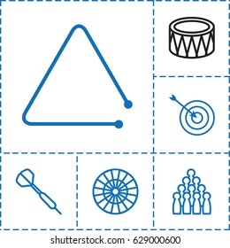 Hit icon. set of 6 hit outline icons such as target, drum, triangle musical instrument, dart